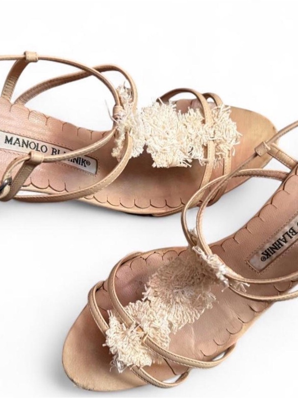 Manolo Blahnik Metallic Rose Gold Sandals with Cream Fringe